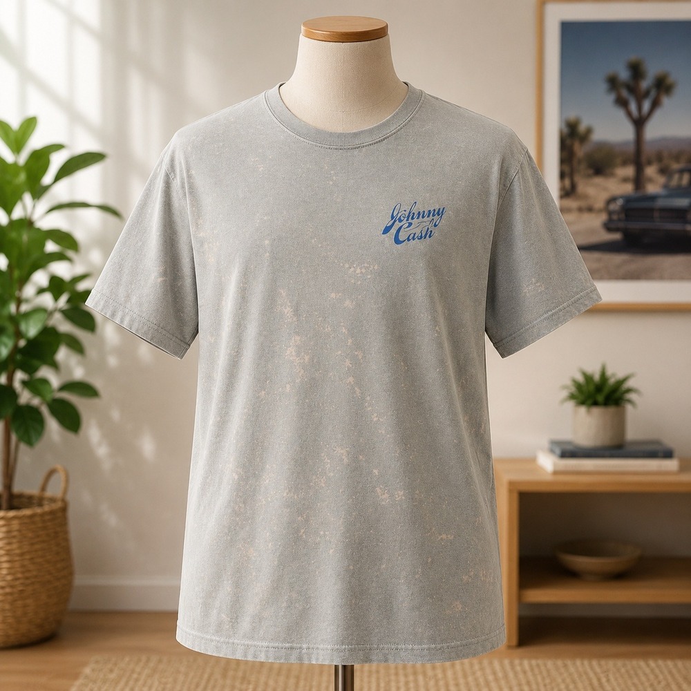 Johnny Cash Walk the Line Graphic T-Shirt Gray Acid Wash Mens XL Crown Merch